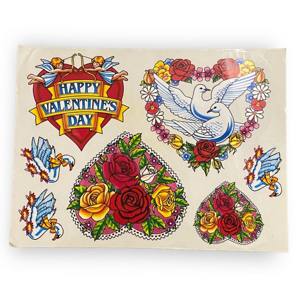 Vintage 90s Valentines Day Window Clings Static Cling Decor Hearts Roses Doves